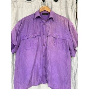 Tally-Ho Purple 100% Silk Short Sleeve Button Down Shirt Womens XL Pocketed Top
